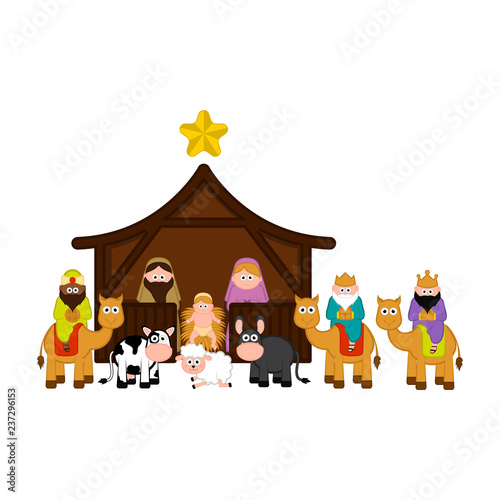 Fototapeta Naklejka Na Ścianę i Meble -  Christmas crib with all characters. Vector illustration design