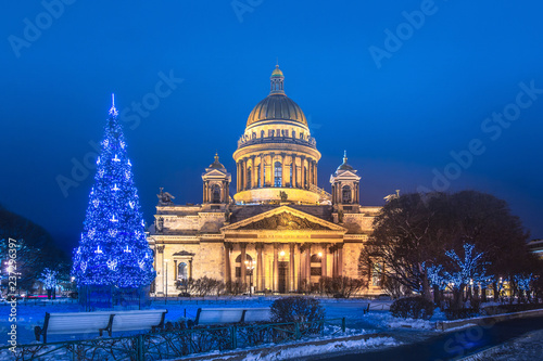 Saint Petersburg. Russia. Poster of Russian cities. Christmas tree. Saint Isaac's Cathedral. New Year in St. Petersburg. Russia in the winter. New Year. Christmas. Christmas tree.