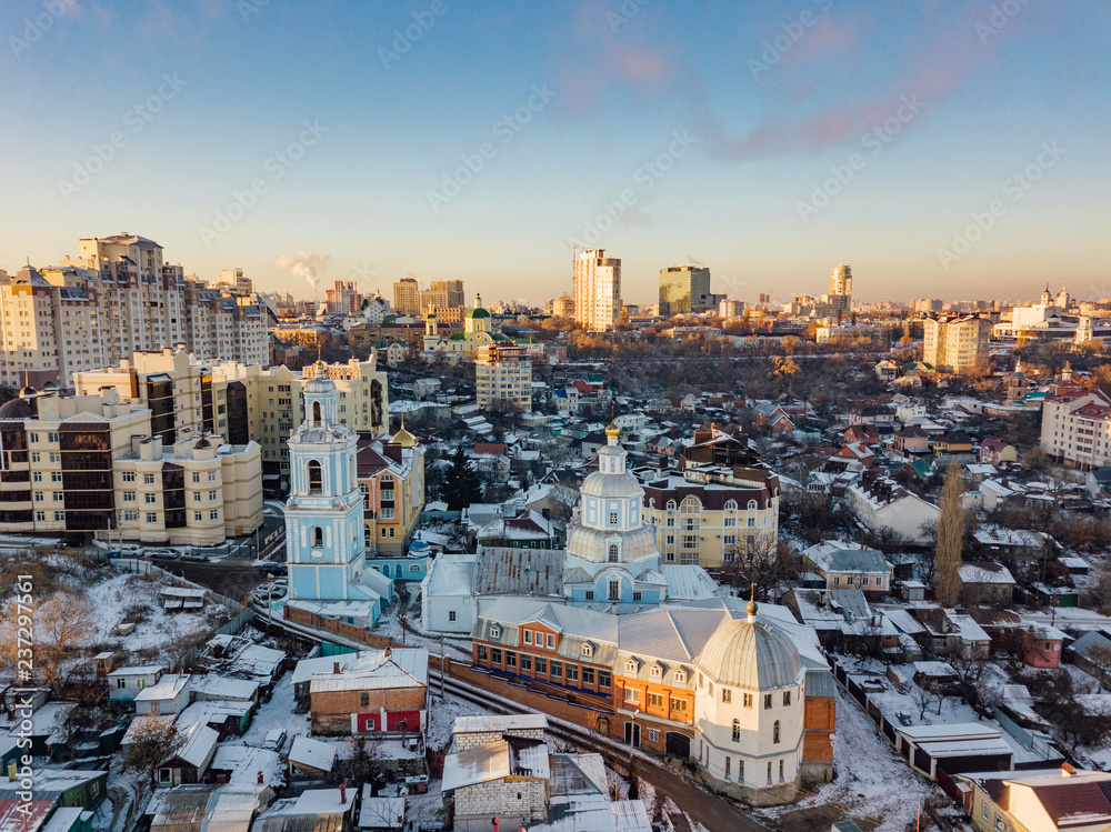 Evening winter Voronezh, aerial view from drone. Church of St. Nicholas
