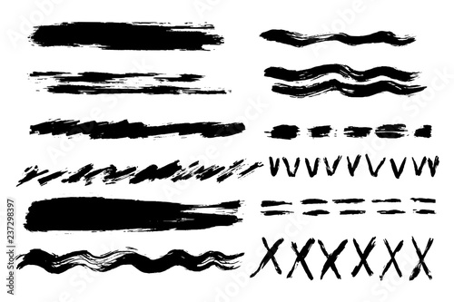 Vector set of ink pen brush strokes. Monochrome design elements. Different kinds of lines drawn by hand. Brushed elements.