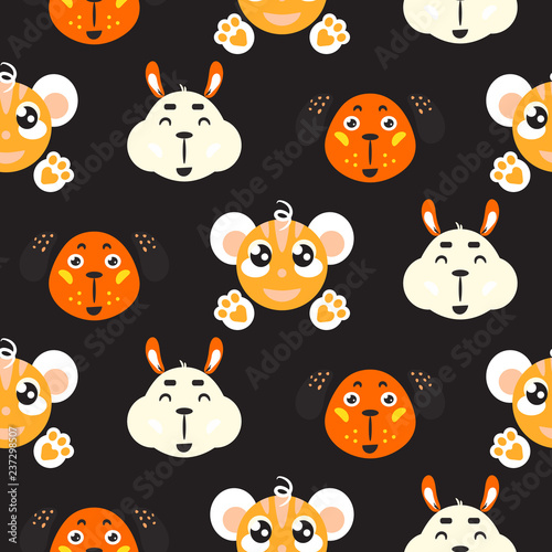 Cute smiling animals childish vector colorful seamless repeat pattern. Cheerful funny alpaca  dog and monkey baby background for apparel print and fabric.