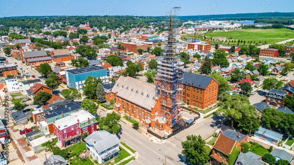 Scaffolding Surrounds Church Steeple Historic Downtown