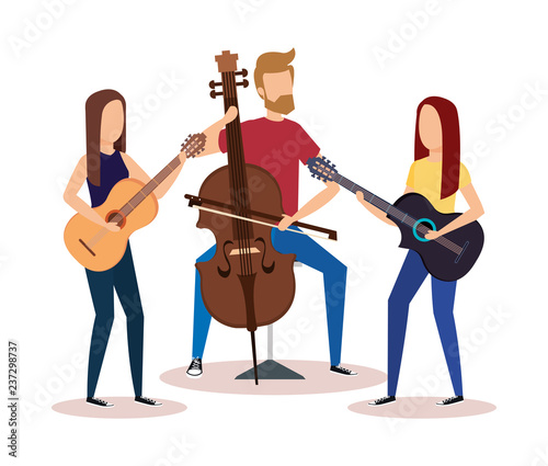 man playing cello and girls playing guitars