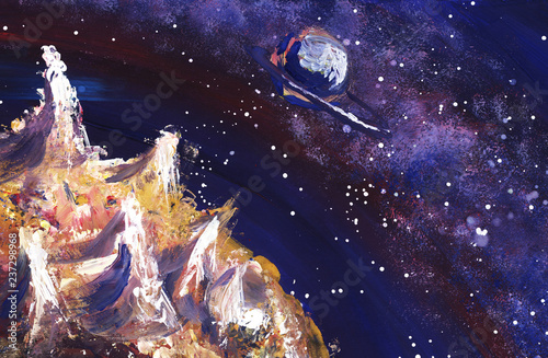 Outer space with the Milky Way, stars and planets.  Hand painted illustration