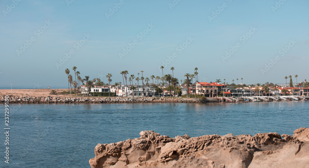 Panoramic view of the marina entrance in Southern California.  Corona Del Mar, Newport Beach Harbor.