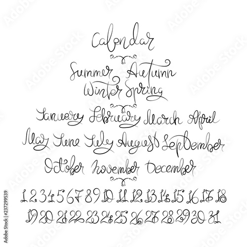 Calendar collection of months and numbers for all year, week, seasons. Ink modern brush calligraphy