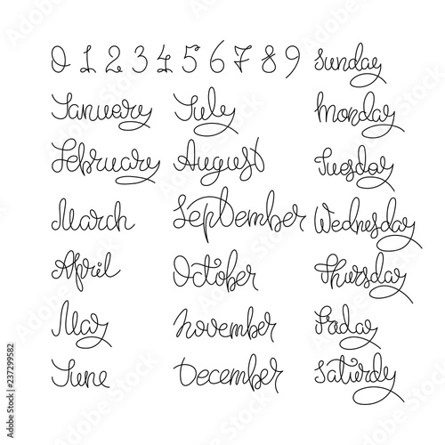 Calendar collection of months and numbers for all year, week, seasons. Ink modern brush calligraphy