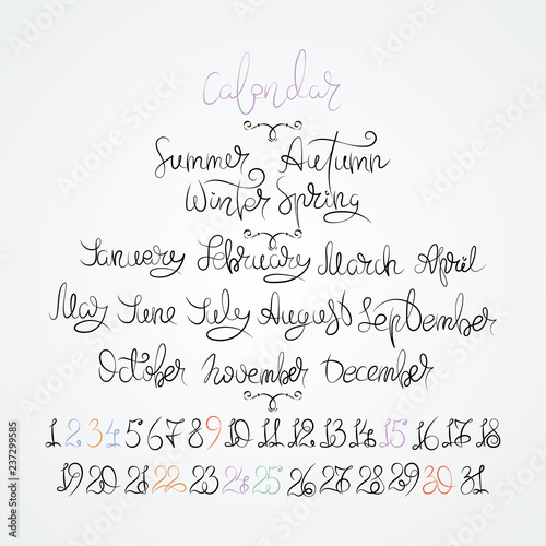 Calendar collection of months and numbers for all year, week, seasons. Ink modern brush calligraphy