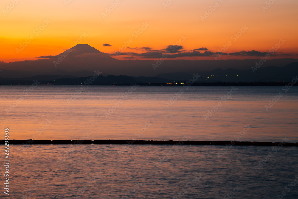 Mountain Fuji and Enoshima island sunset beach in kanagawa, Japan