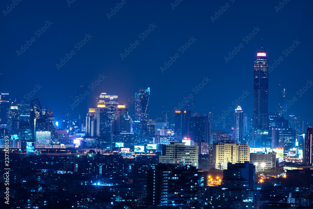 Bangkok , Thailand - October 19,2018 Panoramic Bangkok Cityscape Night View with Beautiful Skyscraper of Sukhumvit - Pratunam Business District with Height Building at Blue Hour