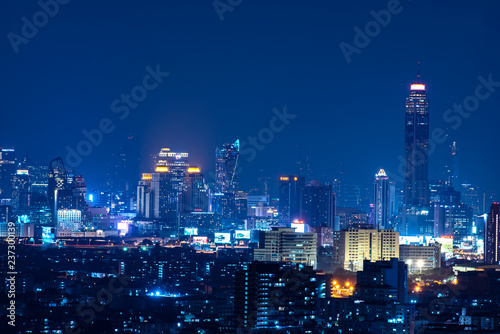 Wallpaper Mural Bangkok , Thailand - October 19,2018 Panoramic Bangkok Cityscape Night View with Beautiful Skyscraper of Sukhumvit - Pratunam Business District with Height Building at Blue Hour Torontodigital.ca