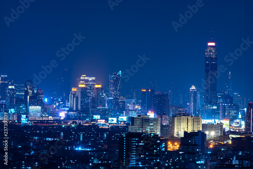 Bangkok   Thailand - October 19 2018 Panoramic Bangkok Cityscape Night View with Beautiful Skyscraper of Sukhumvit - Pratunam Business District with Height Building at Blue Hour