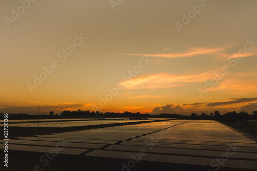 Solar Power Plant with Orange Sunset in the evening  silhouette