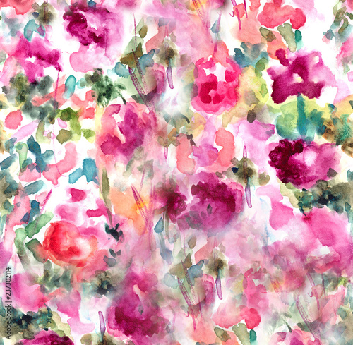 Hand Painted Watercolor Hollyhock Floral Field Art Piece. Watercolor Floral Art