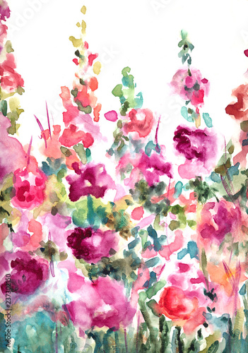 Hand Painted Watercolor Hollyhock Floral Field Art Piece. Watercolor Floral Art