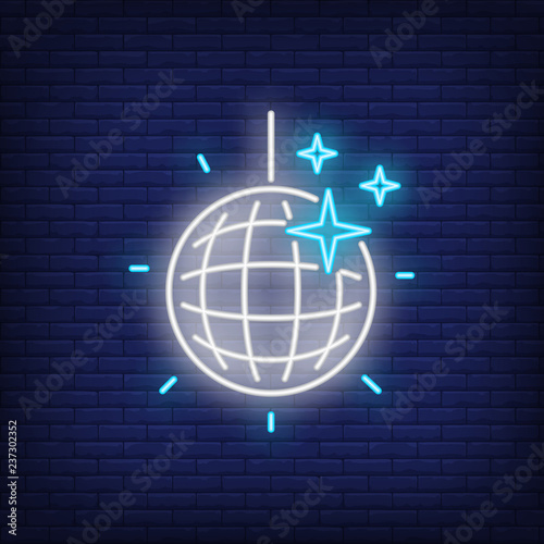 Disco ball with stars neon sign. Party or night club advertisement design. Night bright neon sign, colorful billboard, light banner. Vector illustration in neon style.