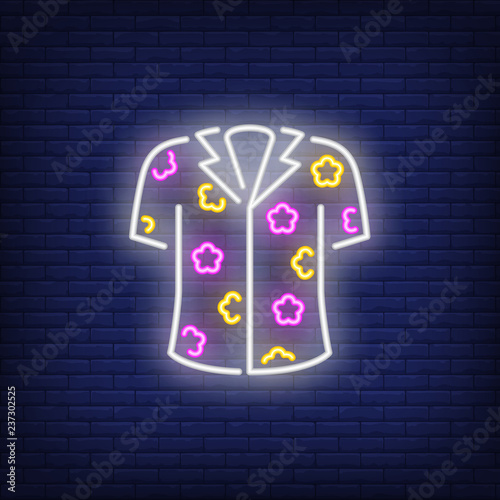Hawaiian aloha shirt neon sign. Summer and vacation design. Night bright neon sign, colorful billboard, light banner. Vector illustration in neon style.