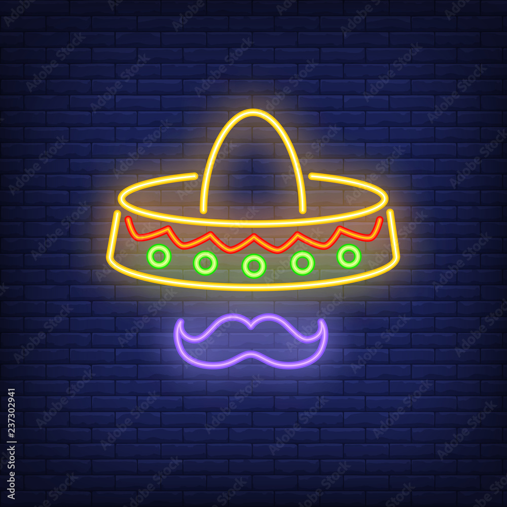 Sombrero and moustache neon sign. Mexican culture and tourism design