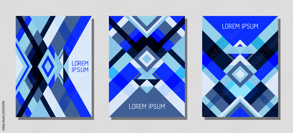 Cover page layout vector template geometric design with triangles and stripes pattern.