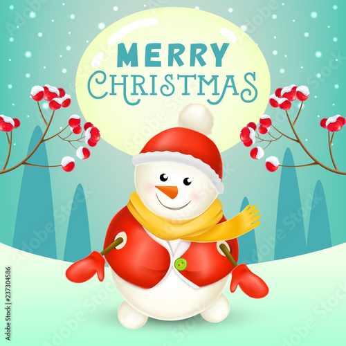 Christmas poster design. Cute snowman in red hat and mittens, spurs with berries, text on full moon and winter landscape in background. Illustration can be used for banners, flyer, greeting cards photo