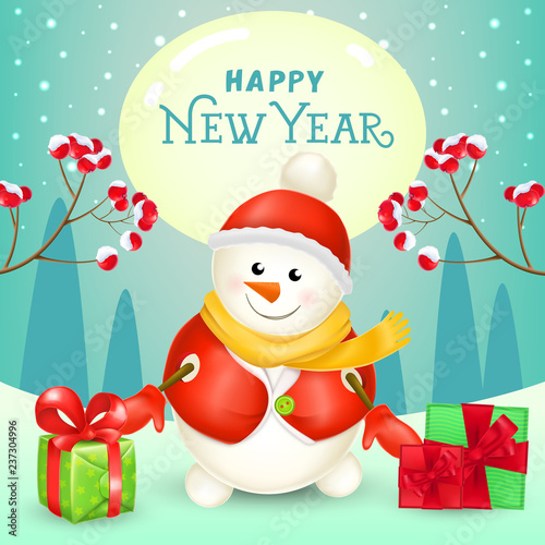 New Year poster design. Cheerful snowman with gifts, spurs with berries and winter landscape in background. Illustration can be used for sale banners, flyer, greeting cards