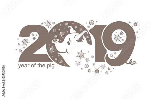 Year of the Pig 2019. Cute piggy smiles at the snowflakes. Vector template New Year's design on the Chinese calendar. 