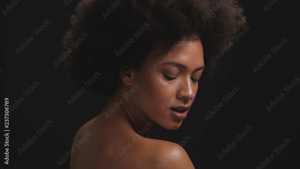 Studio Portrait Of Beautiful Mixed Race Woman With Afro Hairstyle Studio Portrait Of Beautiful Mixed Race Woman With Afro Hairstyle