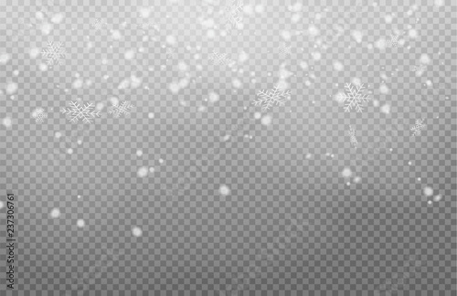 Snow with snowdrifts isolated on transparent background. White cold snow flakes falling.  Vector christmas snowfall  snowflakes flying in winter air. 