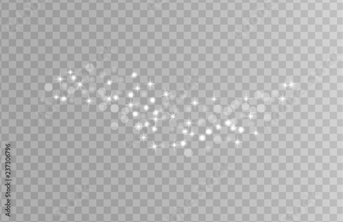 White sparks and silver stars glitter special light effect. Christmas Sparkling magic dust particles. Vector sparkles on transparent background. 