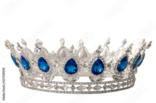 Obraz na płótnie Beauty pageant winner, bride accessory in wedding and royal crown for a queen concept with a silver tiara covered in crystals, diamond and blue sapphire stones isolated on withe with clip path cutout w salonie