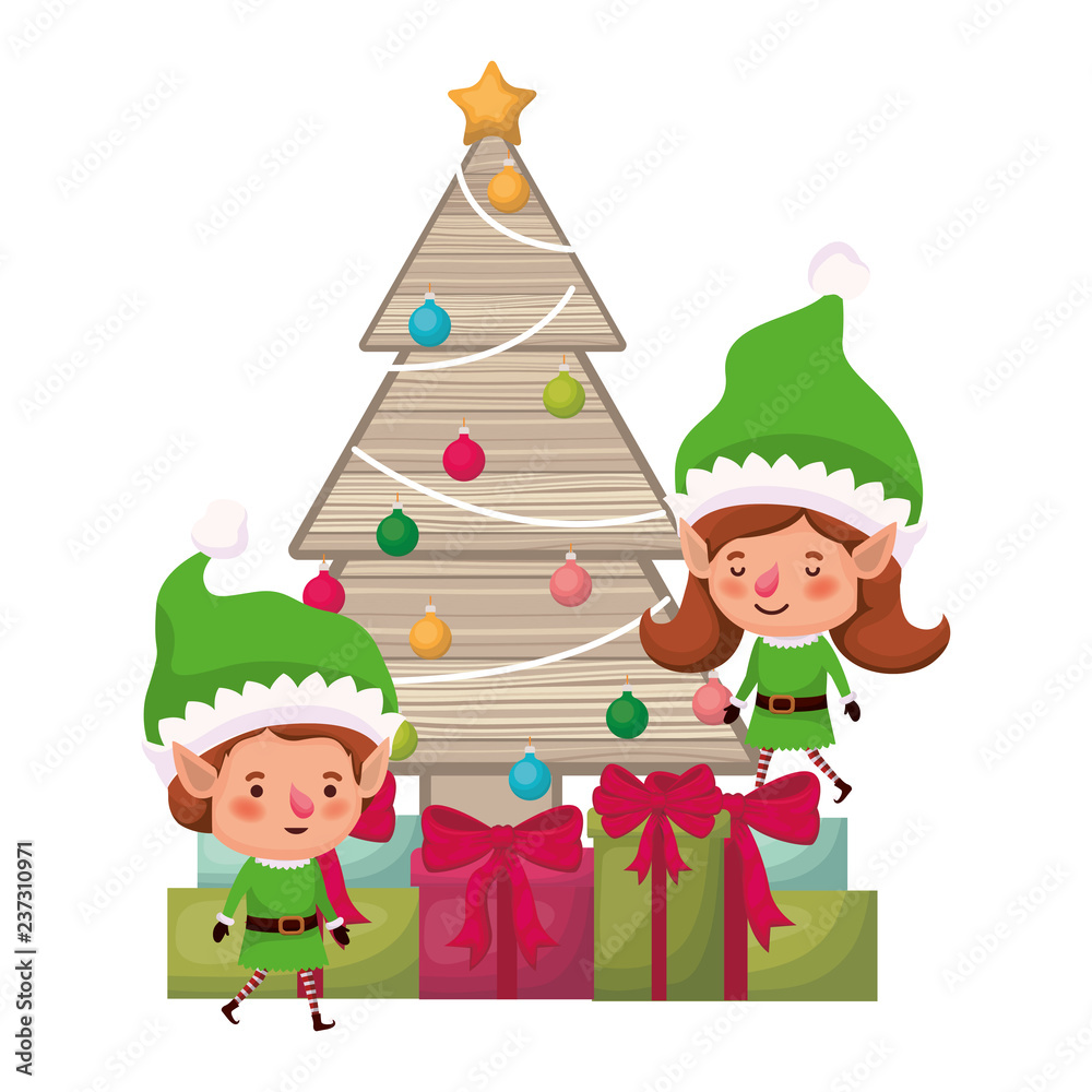 couple of elves with christmas tree and gifts boxs couple of elves with christmas tree and gifts boxs