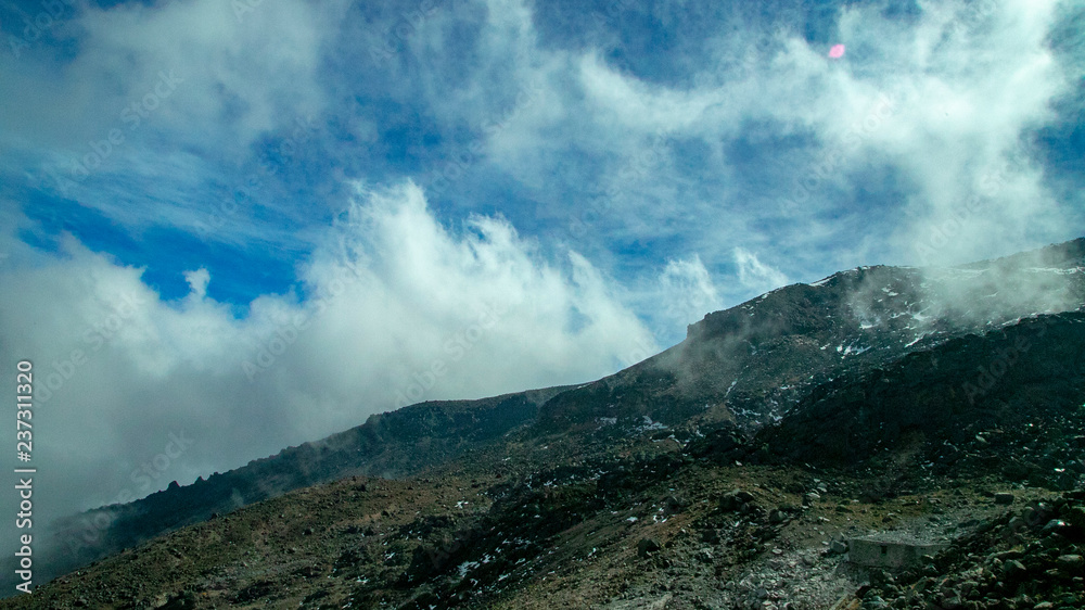  Snow-capped peaks, the game of clouds and fog. Breath stone and just living mountains near the volcano Orizaba