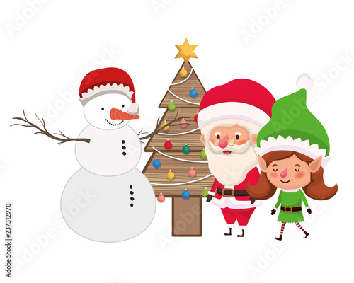santa claus and elf woman with snowman