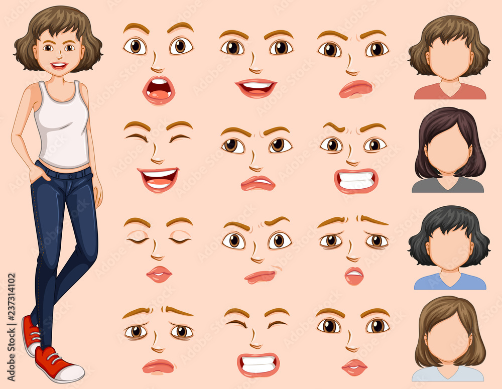 Young woman with different facial expression