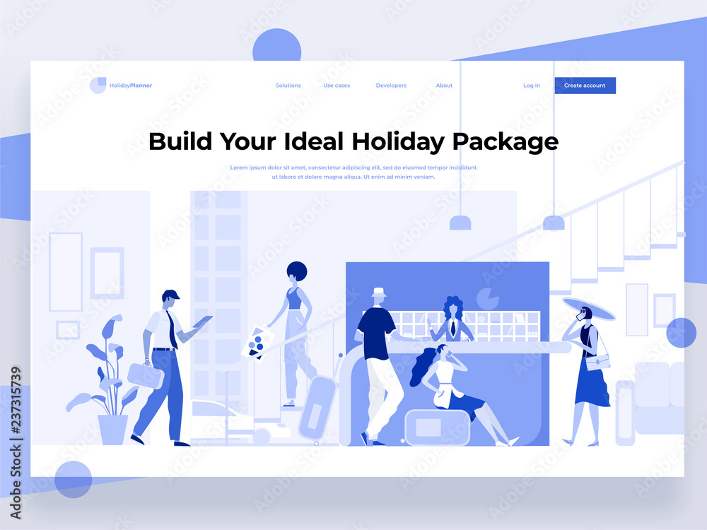 People stay near the registration desk and book a hotel while interacting with devices. Holiday and vacation. Flat vector illustration. Landing page template.