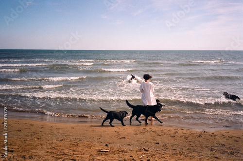 A woman with dogs on  a beach photo