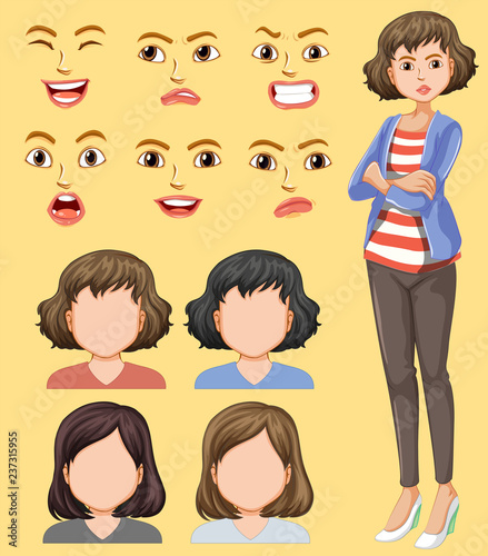 Set of female head and facial expression