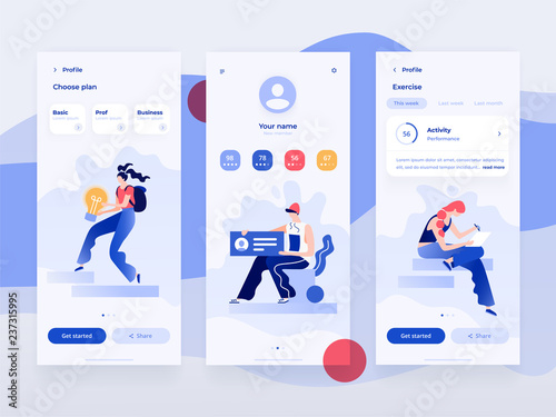 People work and interacting with graphs, shapes and devices. Data analysis and office situations. Flat vector illustration. Mobile application template.