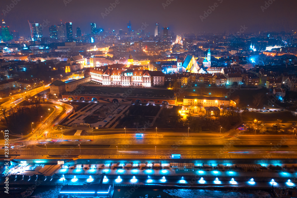 Aerial view on night Warsaw. Night cityscape of Warsaw at christmas time. Aerial view on night Warsaw. Night cityscape of Warsaw at christmas time.