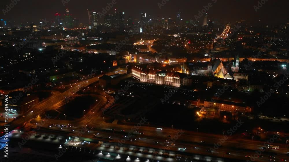 Warsaw aerial night city view Warsaw aerial night city view