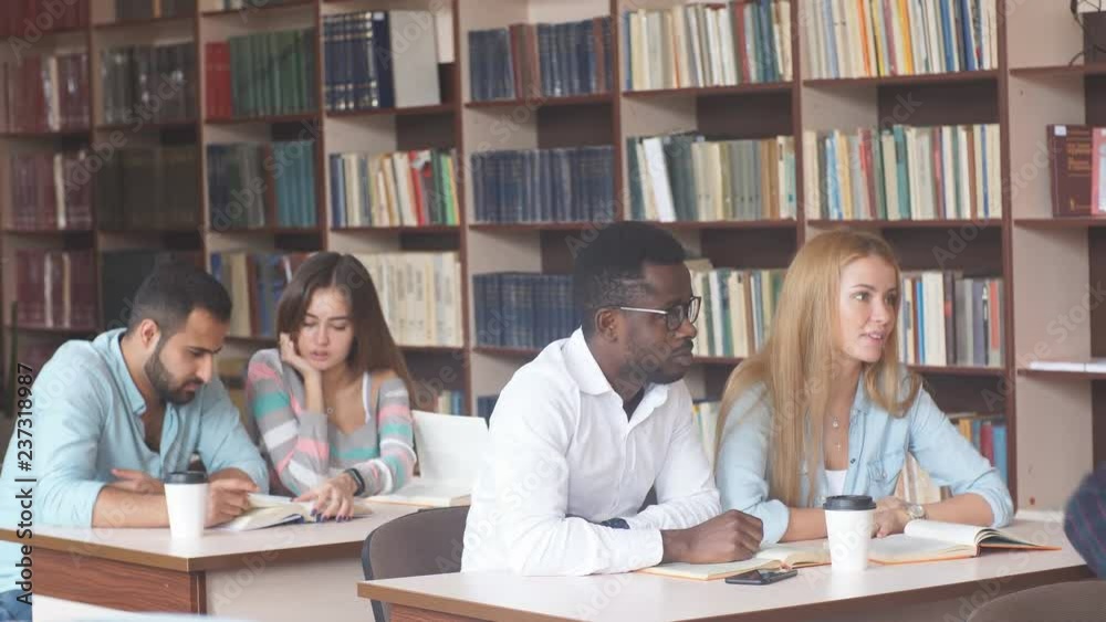 Multiracial group of university students visiting library at the session period. Multiracial group of university students visiting library at the session period.