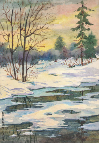 bright spring landscape with a river after melting snow with trees made in watercolor