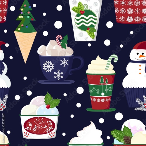 pattern of a set of colorful delicious cupcakes, cakes, desserts, ice cream with Christmas and new year decorations.flat style. Vector. elements for the new year, holiday cards, greeting cards
