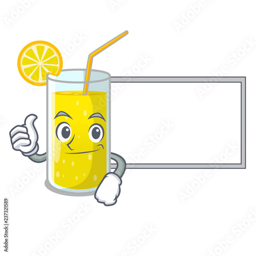 Thumbs up with board lemon juice glass on cartoon shape