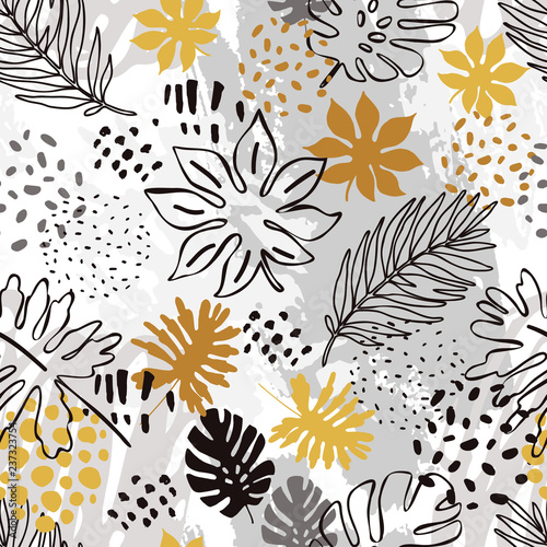 Abstract exotic leaves seamless pattern.