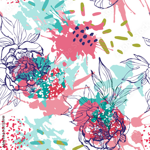 Line sketch peonies seamless pattern.