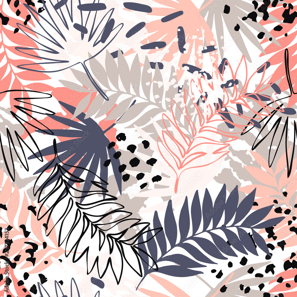 Abstract exotic leaves seamless pattern. - obrazy, fototapety, plakaty 