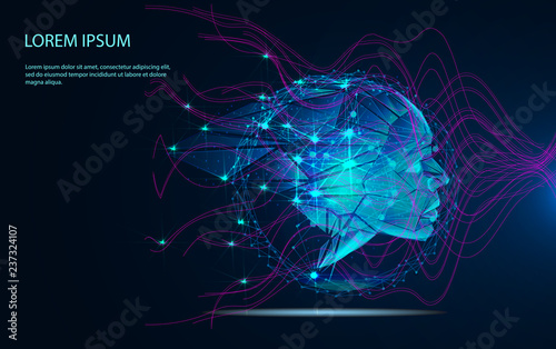 Human Big data visualization. Futuristic Artificial intelligence concept. Cyber mind aesthetic design. Machine learning. Complex data threads in form of head side view and binary data.