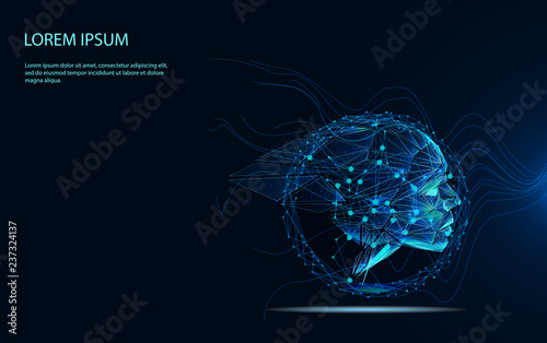 Human Big data visualization. Futuristic Artificial intelligence concept. Cyber mind aesthetic design. Machine learning. Complex data threads in form of head side view and binary data.