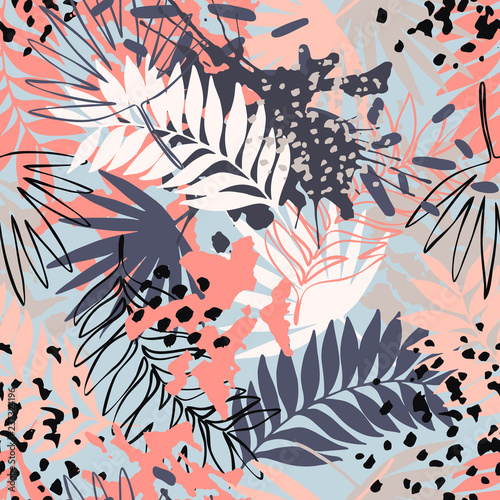 Abstract exotic leaves seamless pattern.